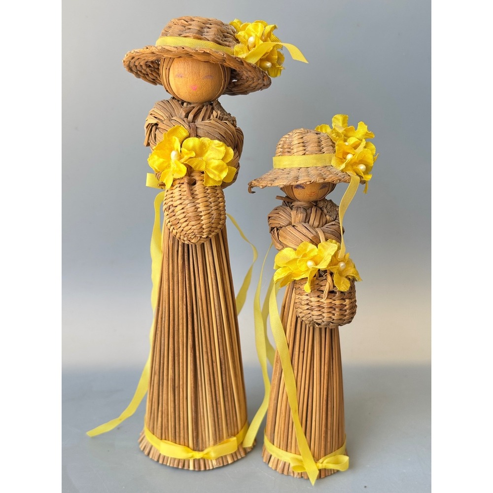 Vintage Handmade Straw Dolls Korea Woven 2 Pc Yellow Flower Cottage
